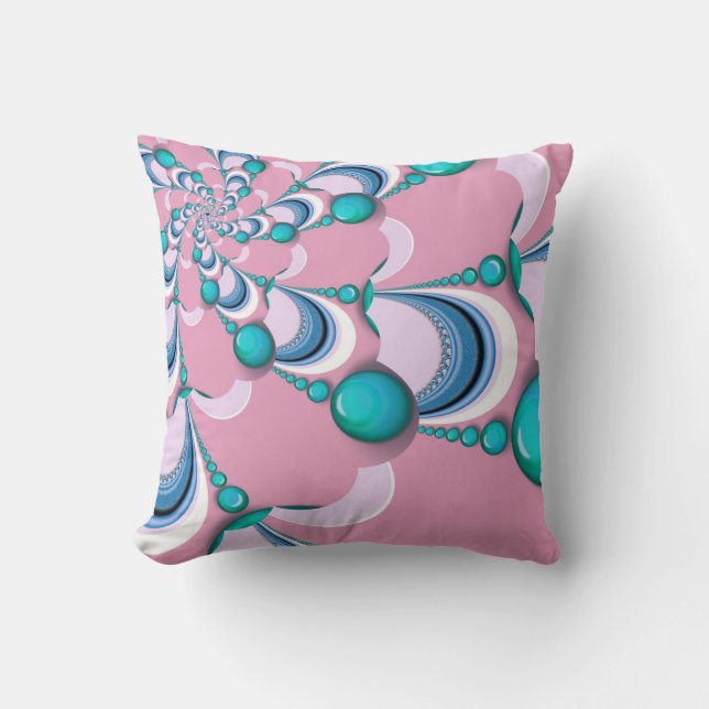 Roze + Mint Groovy Swirl Fractal Cushion Kussen (Voorkant)