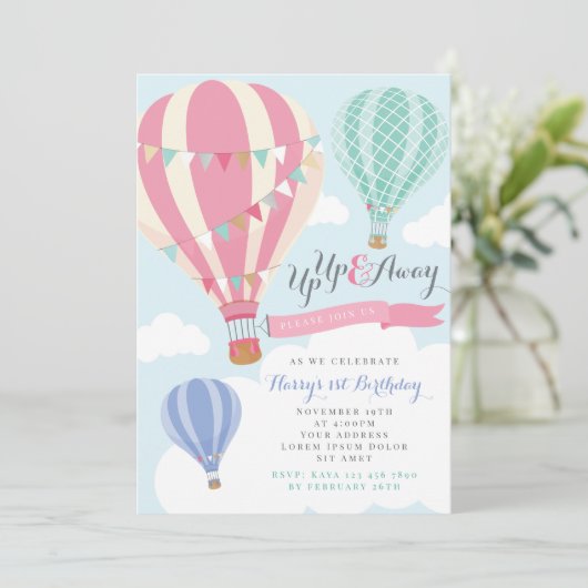 Roze & Mint Hot Air Ballon Verjaardag Uitnodiging (Staand voorkant)