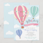 Roze & Mint Hot Air Ballon Verjaardag Uitnodiging (Voorkant / Achterkant)