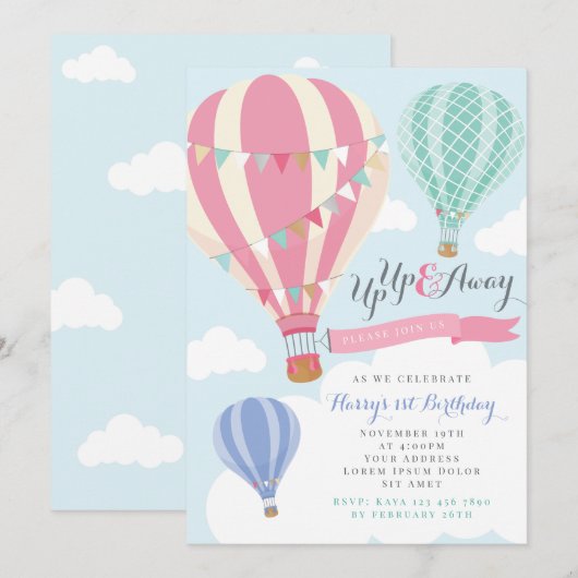 Roze & Mint Hot Air Ballon Verjaardag Uitnodiging (Voorkant / Achterkant)