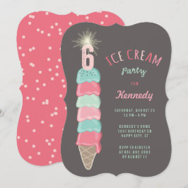 Roze Mint Ice Cream Girl 6th Birthday Party Invite Kaart