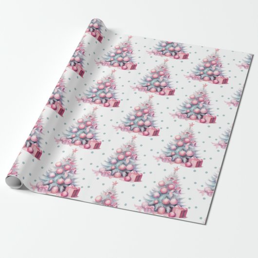  roze mint kerstboom cadeaupapier (Uitgerold)