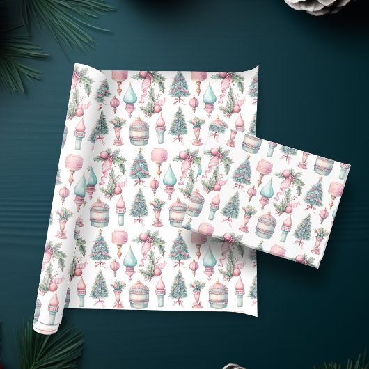 Roze Mint Kerstboom Ornamenten Cadeaupapier