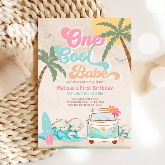 Roze Mint One Cool Babe Surft 1e Verjaardag Kaart
