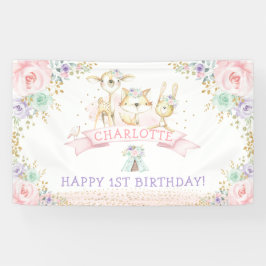 Roze Mint Paars Floral Woodland Happy Birthday Spandoek