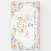 Roze Mint Paars Floral Woodland Happy Birthday Spandoek (Verticaal)