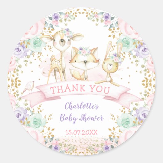 Roze Mint Paarse Bloemen Tribal Woodland Animals Ronde Sticker (Voorkant)