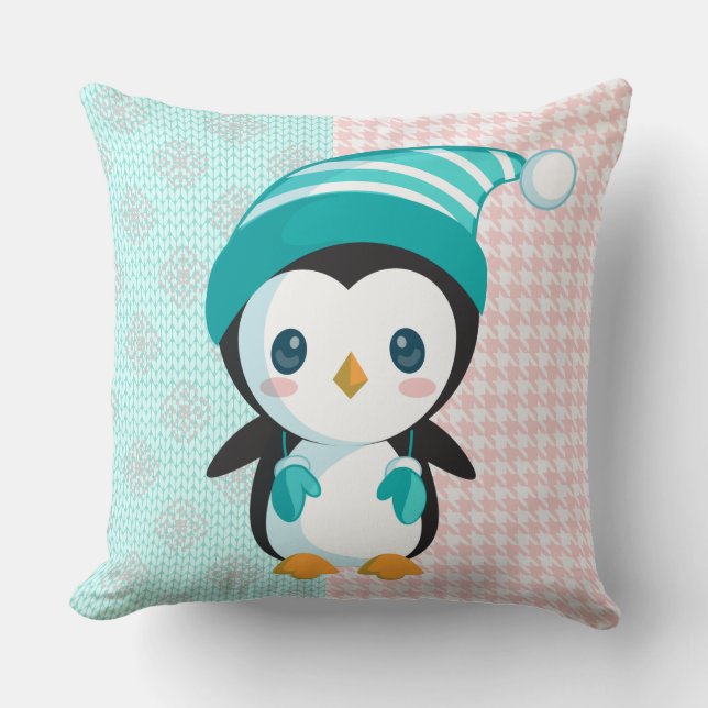 Roze/Mint Pastel Penguin Kerstmis Kussen (Voorkant)