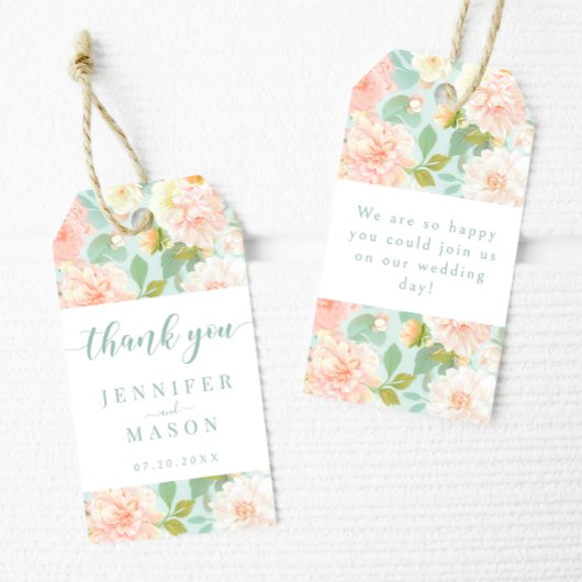 Roze Mint Peony Floral Wedding Bedankt Gift Labels Cadeaulabel