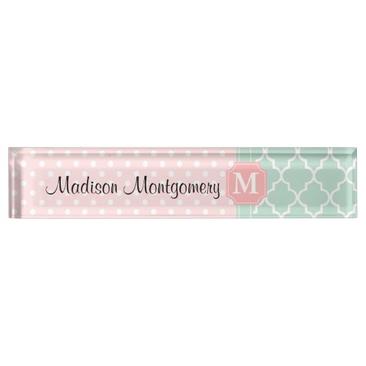 Roze mint | Polka Dots Moroccan | Monogrammen Naambordje (Voorkant)