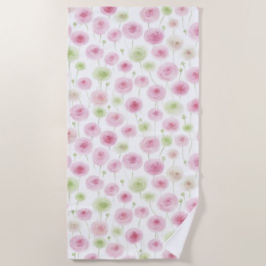 Roze Mint Ranunculus Bloemen Strandlaken (Voorkant)