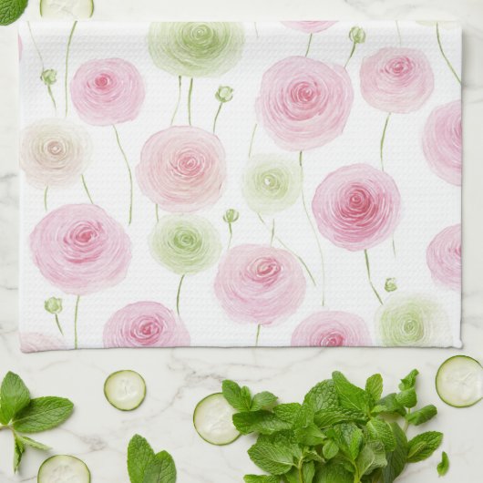 Roze Mint Ranunculus Bloemen Theedoek (Gevouwen)