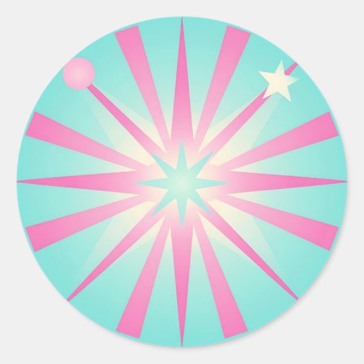Roze Mint Retro Starburst Gloed Ronde Sticker (Voorkant)