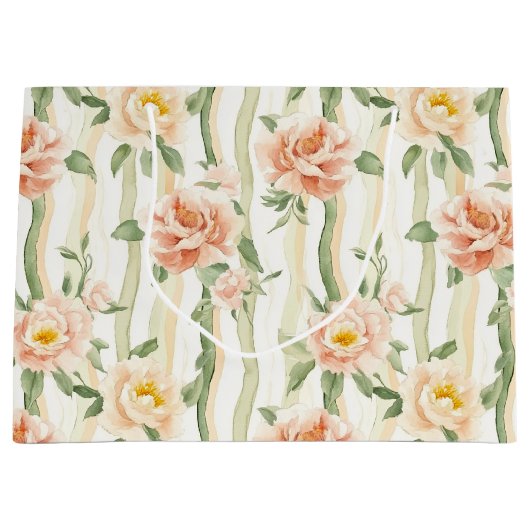 Roze Mint Rozen Bloemrijke Strepen Verjaardag Groot Cadeauzakje (Voorkant)