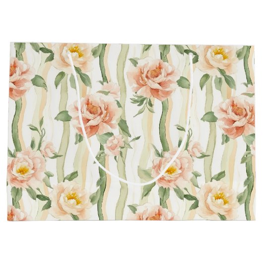 Roze Mint Rozen Bloemrijke Strepen Verjaardag Groot Cadeauzakje (Achterkant)