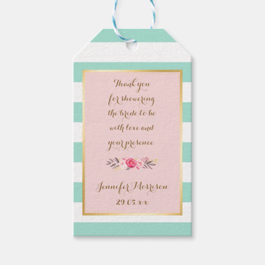 Roze Mint Strepen Bruiloft Bruidsfeest Dank Je Cadeaulabel (Voorkant)