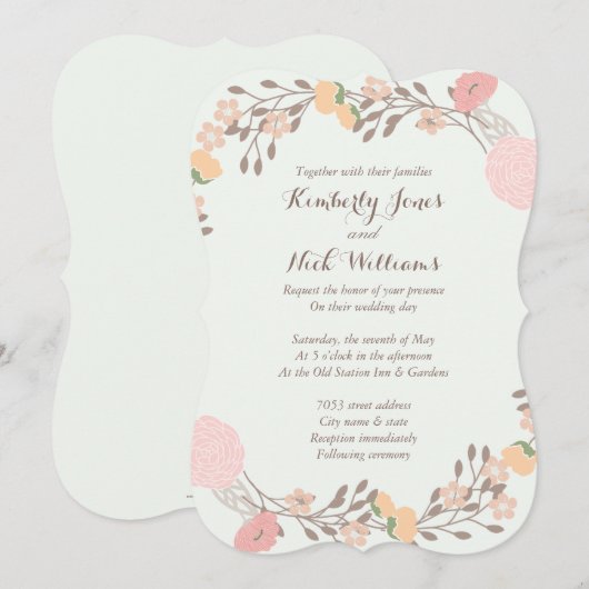 Roze Mint Sweet Floral Krans bruiloft Uitnodigen Kaart (Voorkant / Achterkant)