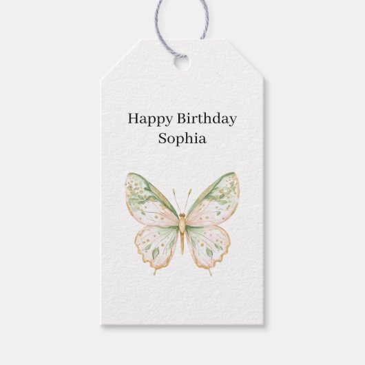 Roze Mint Vlinder Verjaardag Cadeaulabel (Voorkant)