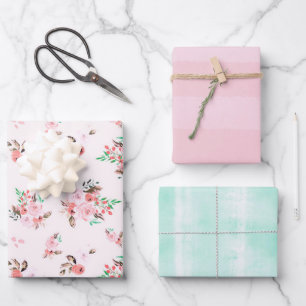 Roze & Mint Waterverf Bloem en Subtiele Strepen Inpakpapier Vel