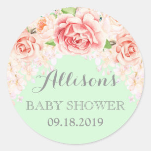 Roze Mint Waterverf Bloemen Baby shower Favor Ronde Sticker