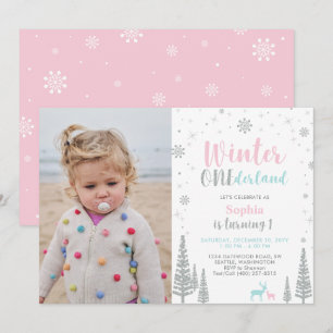 Roze & Mint   Winter Onederland Meisje 1e Verjaard Kaart