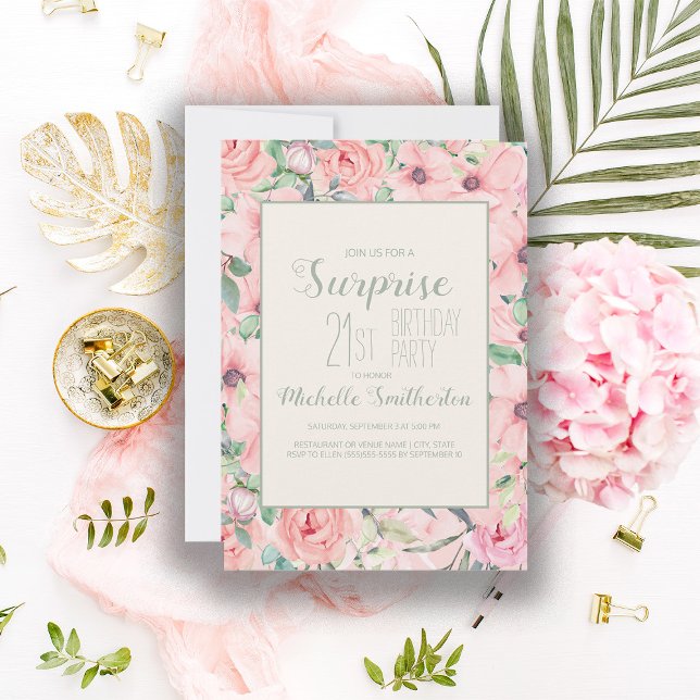 Roze Mintgroene Aquarel Bloem 21e Verjaardag (Soft blush pink floral 21st birthday party invitation)