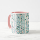 Roze Mintgroene Bloemengingham Grand Millennial Mok (Voorkant links)