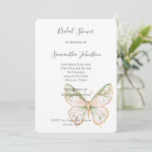 Roze Mintgroene Gouden Vlinder Bruiloft Feest Kaart (Staand voorkant)