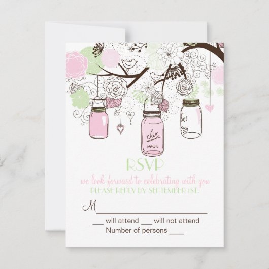 Roze Mintgroene Mason Jars RSVP Trouw Uitnodiging (Voorkant)
