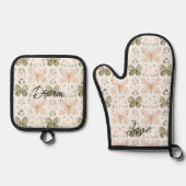 Roze Mintgroene Vlinder Ovenwant & Pannenlap Set (Voorkant)