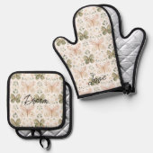 Roze Mintgroene Vlinder Ovenwant & Pannenlap Set (Voorkant / Achterkant)