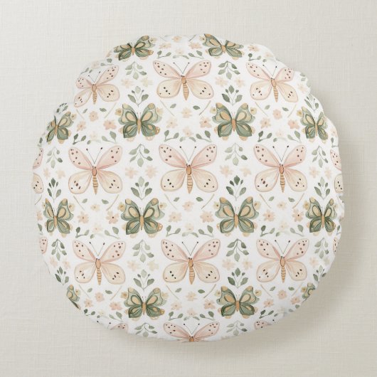 Roze Mintgroene Vlinder Rond Kussen (Voorkant)