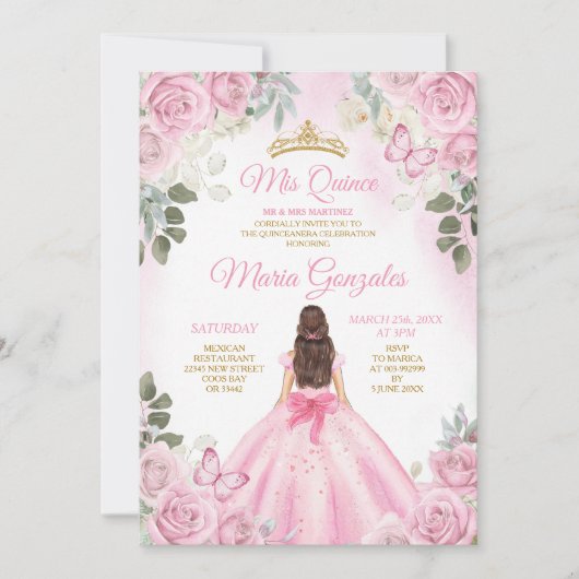 Roze Mis Quince 15 Anos Vlinder Gouden Kroon Kaart (Voorkant)