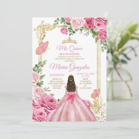 Roze Mis Quince 15 Anos Vlinder Gouden Kroon Kaart (Staand voorkant)