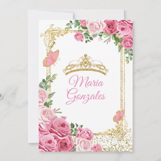 Roze Mis Quince 15 Anos Vlinder Gouden Kroon Kaart (Achterkant)