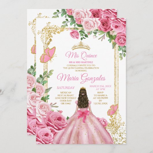 Roze Mis Quince 15 Anos Vlinder Gouden Kroon Kaart (Voorkant / Achterkant)