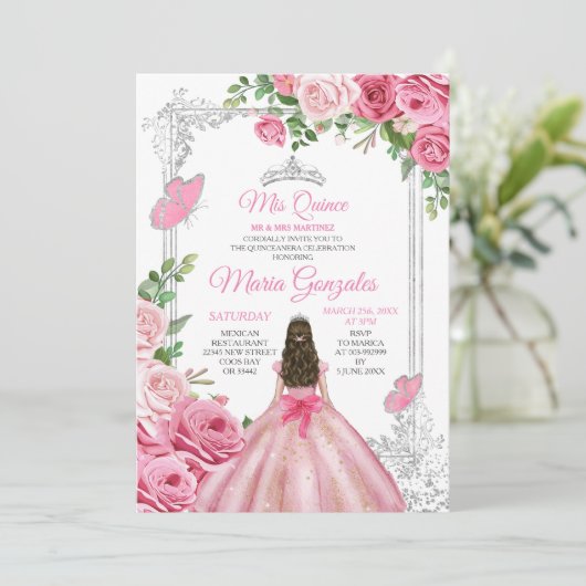 Roze Mis Quince 15 Anos Vlinder Zilveren Kroon Kaart (Staand voorkant)