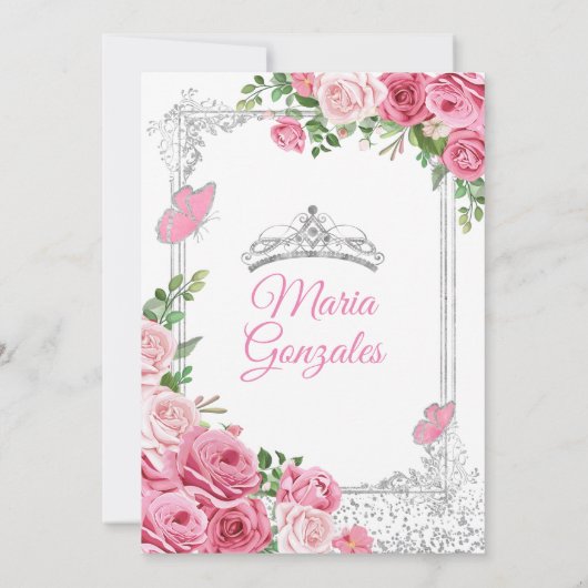 Roze Mis Quince 15 Anos Vlinder Zilveren Kroon Kaart (Achterkant)