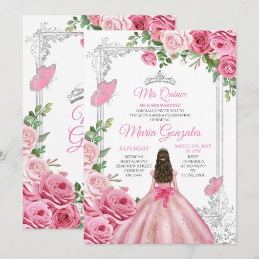 Roze Mis Quince 15 Anos Vlinder Zilveren Kroon Kaart (Voorkant / Achterkant)