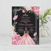 Roze Mis Quince 15 Anos Vlinder Zilveren Kroon Kaart (Staand voorkant)