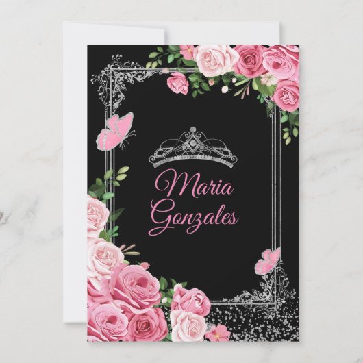 Roze Mis Quince 15 Anos Vlinder Zilveren Kroon Kaart (Achterkant)