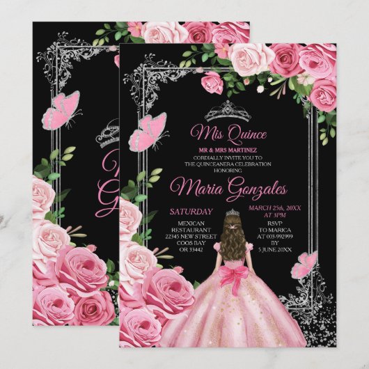 Roze Mis Quince 15 Anos Vlinder Zilveren Kroon Kaart (Voorkant / Achterkant)