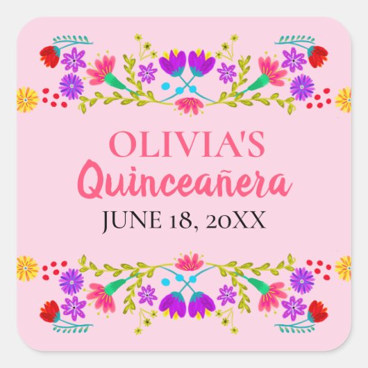 Roze Mis Quince Anos Mexicaanse Fiesta Floral Vierkante Sticker (Voorkant)