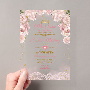 Roze Mis Quince Kroon Gouden Quinceañera Vlinder Acryl Uitnodigingen