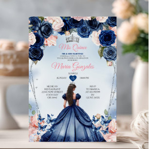 Roze Mis Quince Navy Bloemen Kroon Quinceañera Kaart