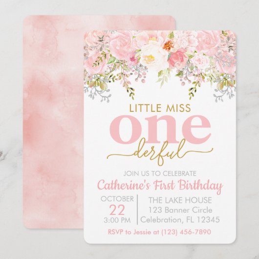 Roze Miss ONEderful Girl First Birthday Kaart (Voorkant / Achterkant)