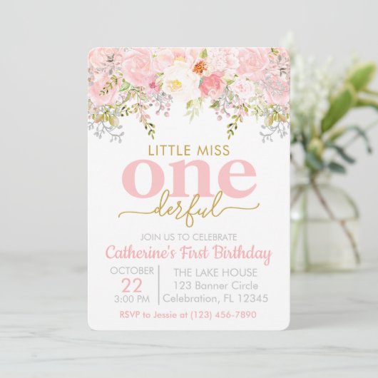 Roze Miss ONEderful Girl First Birthday Kaart (Staand voorkant)