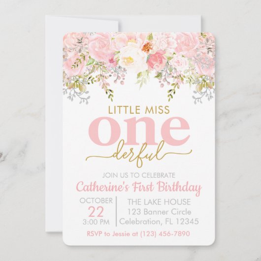 Roze Miss ONEderful Girl First Birthday Kaart (Voorkant)