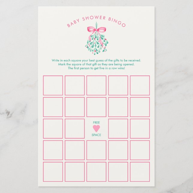 Roze Mistletoe Baby shower Bingo spel (Voorkant)