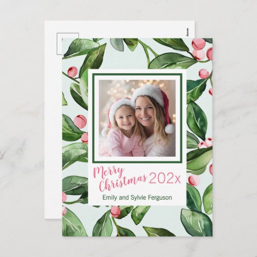 Roze Mistletoe Foto Vrolijk Kerstfeest Briefkaart (Voorkant / Achterkant)